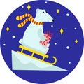 A large cartoon white polar bear with a gift and gift and a scarf rides on a sled. Merry Christmas